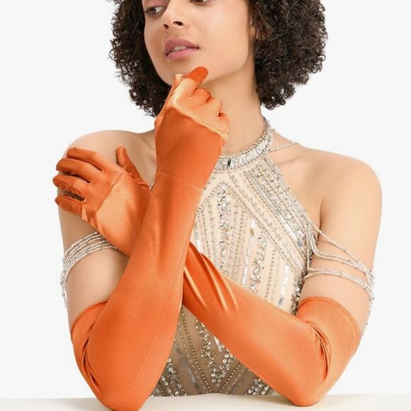 Long Satin Opera Orange Gloves - Picture 6 of 6